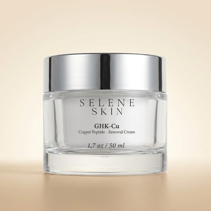 Selene Skin Copper Peptide Renewal Cream — silver airless pump, editorial studio shot