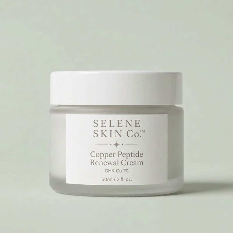 Selene Skin Copper Peptide Renewal Cream — frosted glass jar with glossy white lid, editorial studio shot