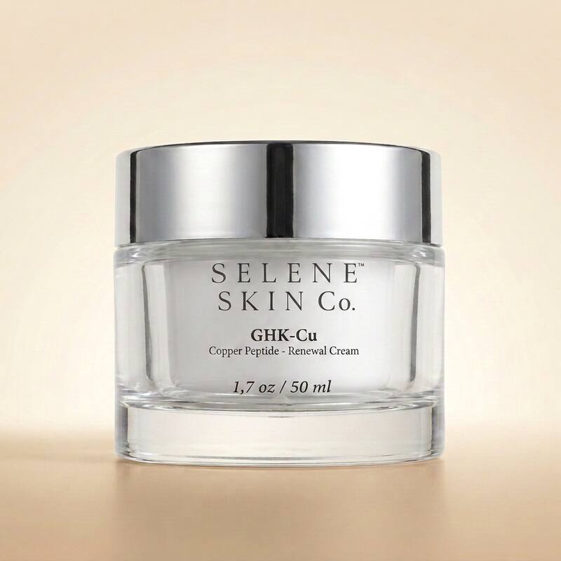 Selene Skin Copper Peptide Renewal Cream — silver airless pump, editorial studio shot