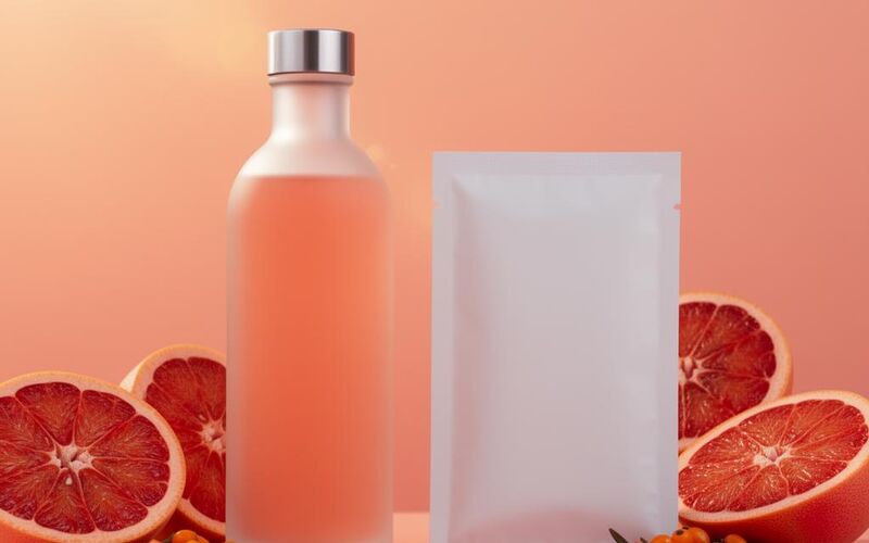 Citrus Glow ingestible elixir bottle with blood orange and grapefruit on a peach background