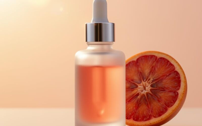 Radiant Tone Correcting Serum dropper bottle on a sun-drenched peach background